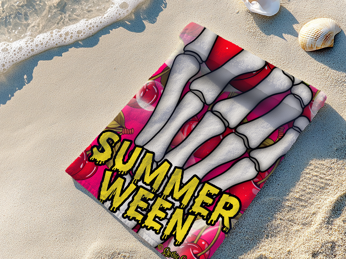 Cherry Skeleton Beach Towel 30x60 | Summerween Goth Pool Towel