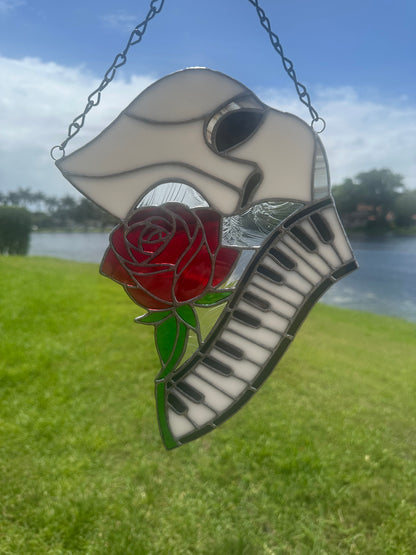 Phantom Mask Stained Glass Suncatcher with Rose & Piano | Gothic Music Window Hanging