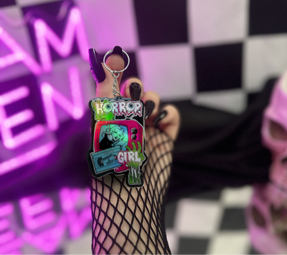 Horror Girl Keychain – Holographic Resin Acrylic Key Ring for Spooky Bags & Horror Fans