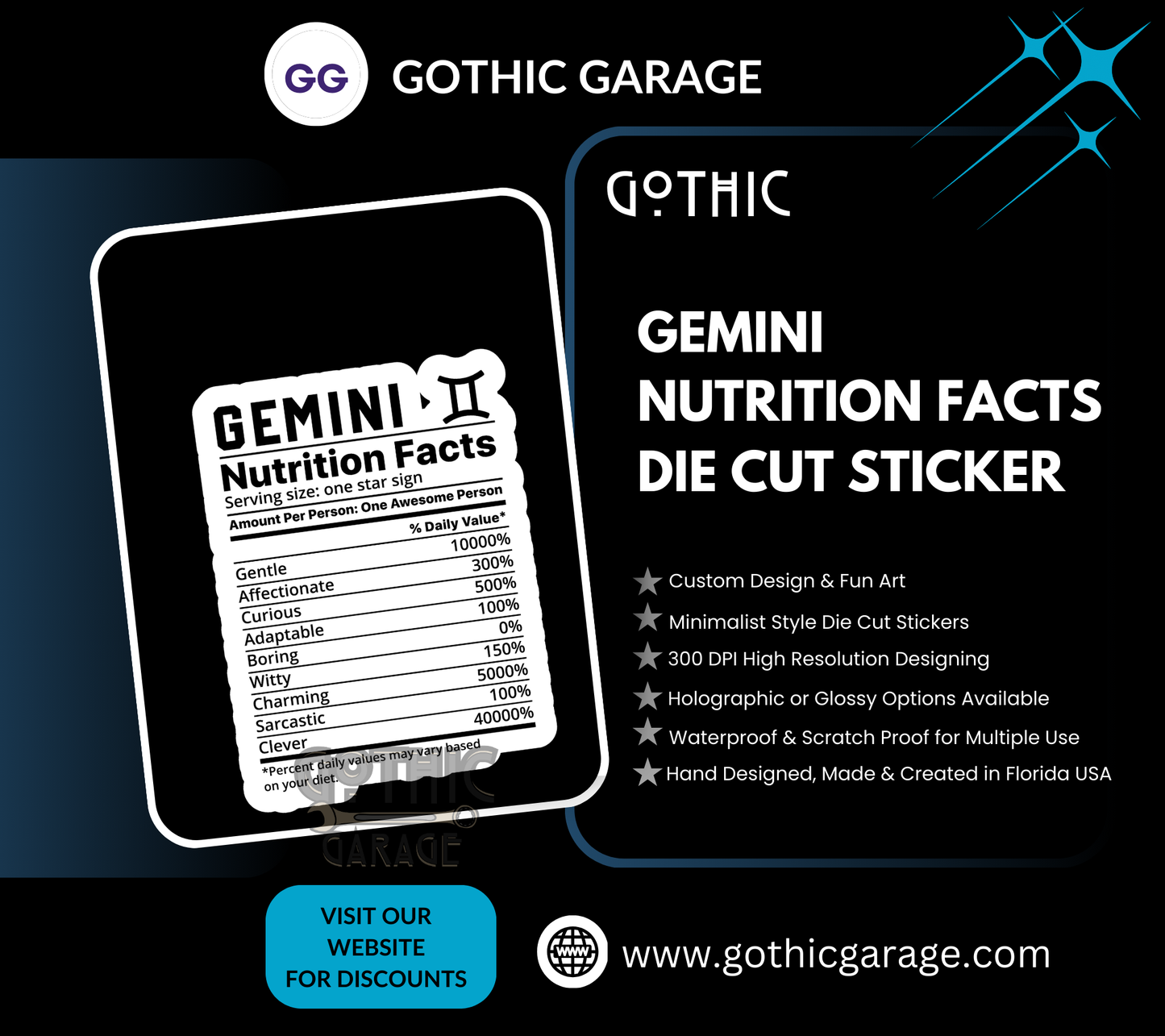 Gemini Zodiac Nutrition Facts Waterproof Die Cut Sticker, Choose Between Glossy or Holographic, Perfect to Add Fun to any Surface