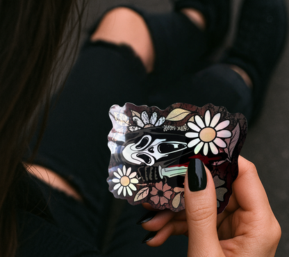 Floral Slasher Ghost Sticker — Creepy Cute Horror Vinyl for Water Bottles, Laptops & Gifts