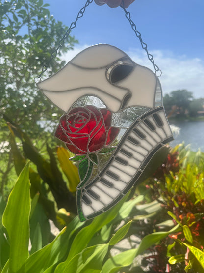 Phantom Mask Stained Glass Suncatcher with Rose & Piano | Gothic Music Window Hanging