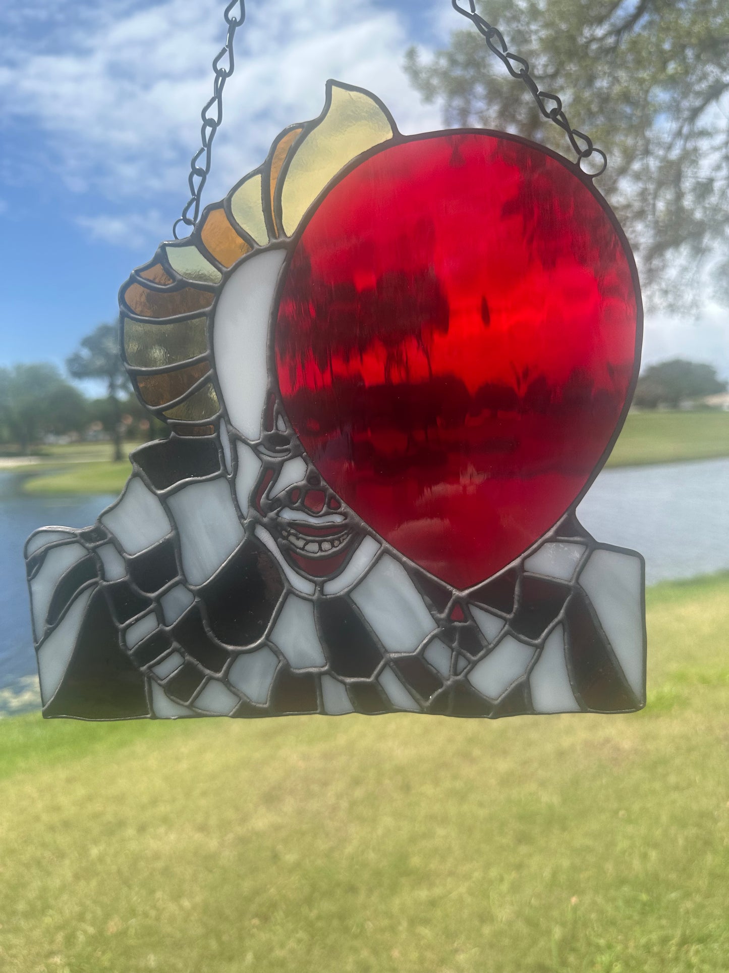 Creepy Clown Stained Glass Suncatcher with Red Balloon | Horror Window Hanging Decor