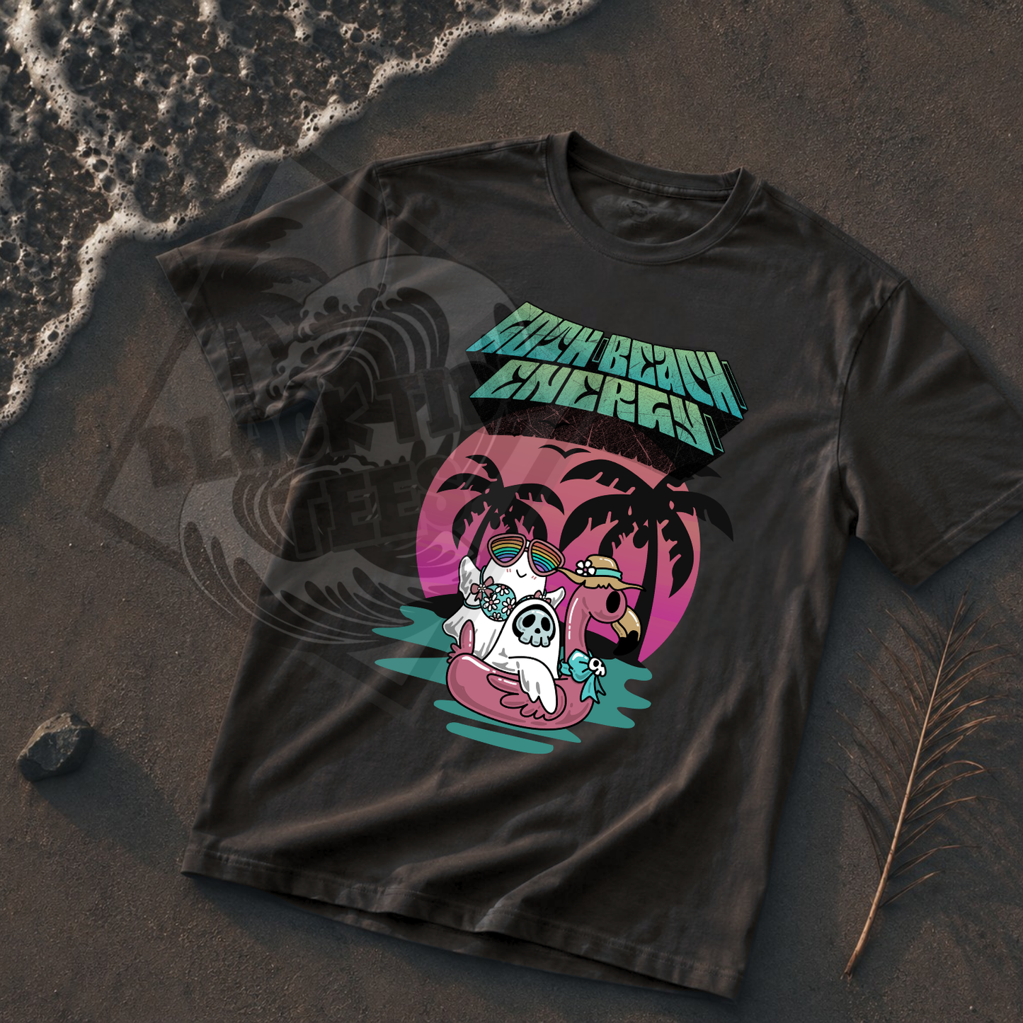 Goth Beach Ghost T-Shirt | Retro Sunset Palm Trees Graphic Tee