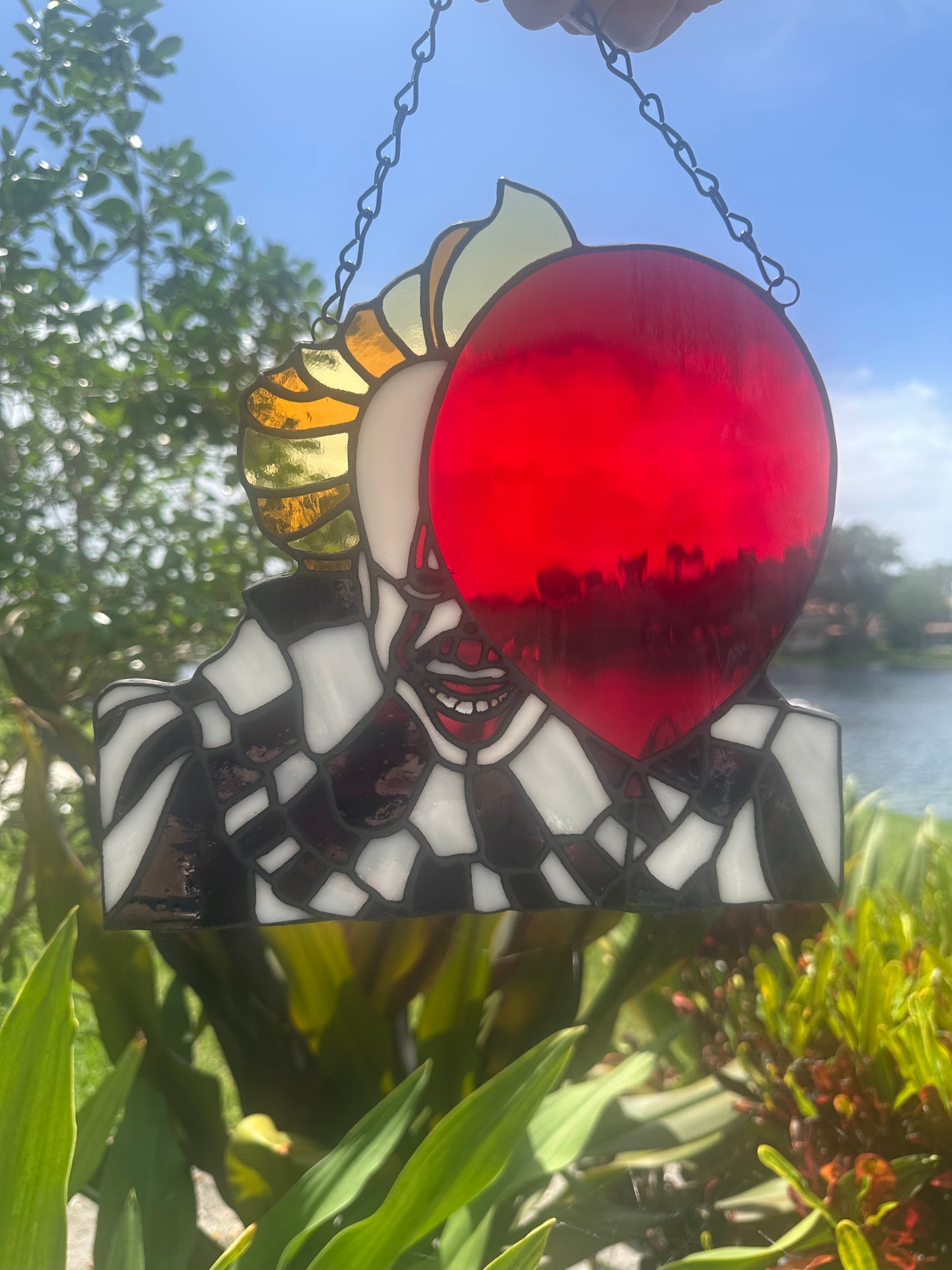 Creepy Clown Stained Glass Suncatcher with Red Balloon | Horror Window Hanging Decor