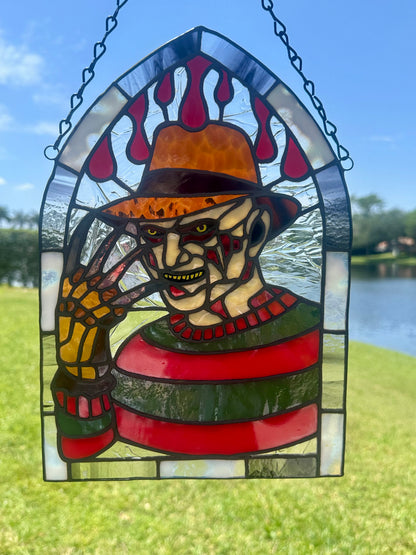 Freddy Horror Stained Glass Panel – Handcrafted Gothic Window Art
