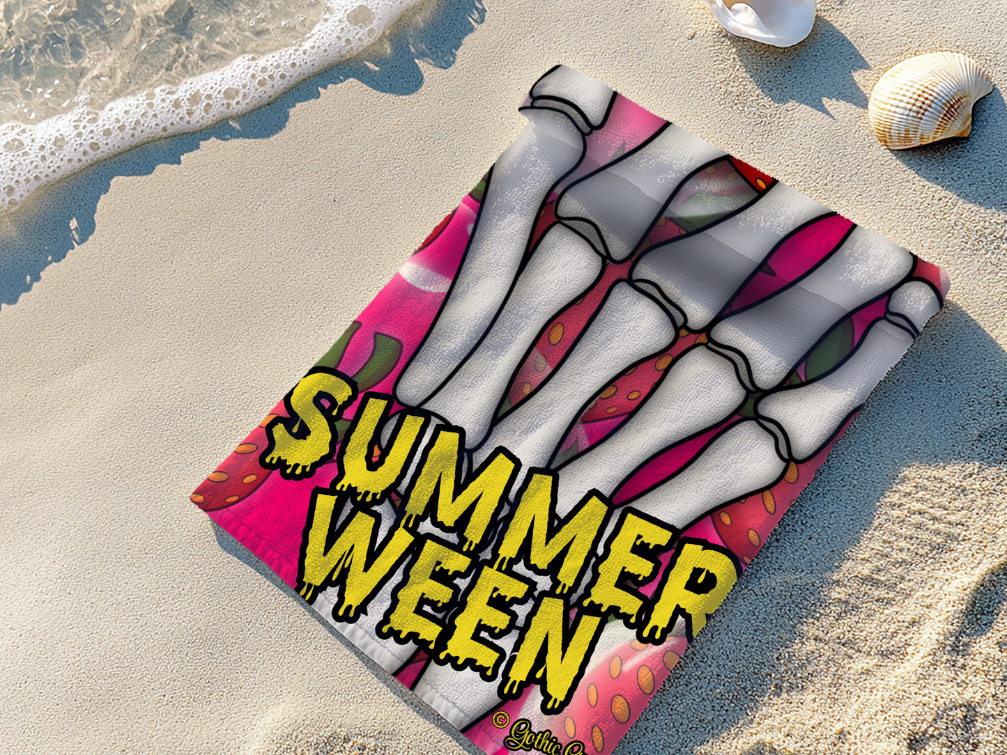 Strawberry Skeleton Beach Towel 30x60 | Summerween Goth Pool Towel