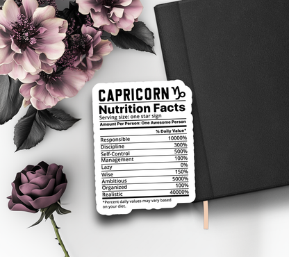 Capricorn Zodiac Nutrition Facts Waterproof Die Cut Sticker, Choose Between Glossy or Holographic, Perfect to Add Fun to any Surface