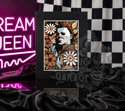 80s Slasher Mask Art Print – Retro Horror Portrait with Floral Overlay