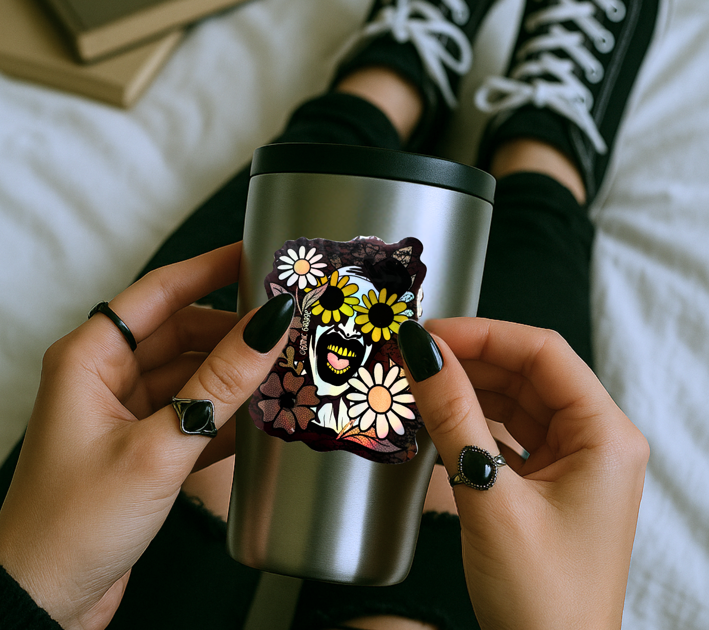 Horror Daisy Clown Sticker — Creepy Cute Waterproof Vinyl Sticker for Laptops & Horror Gifts