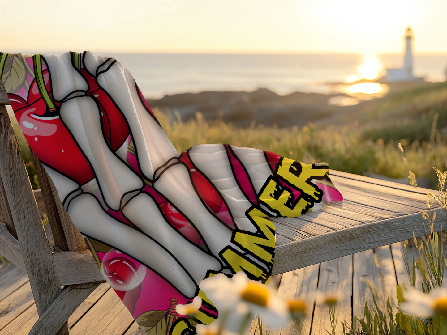 Cherry Skeleton Beach Towel 30x60 | Summerween Goth Pool Towel
