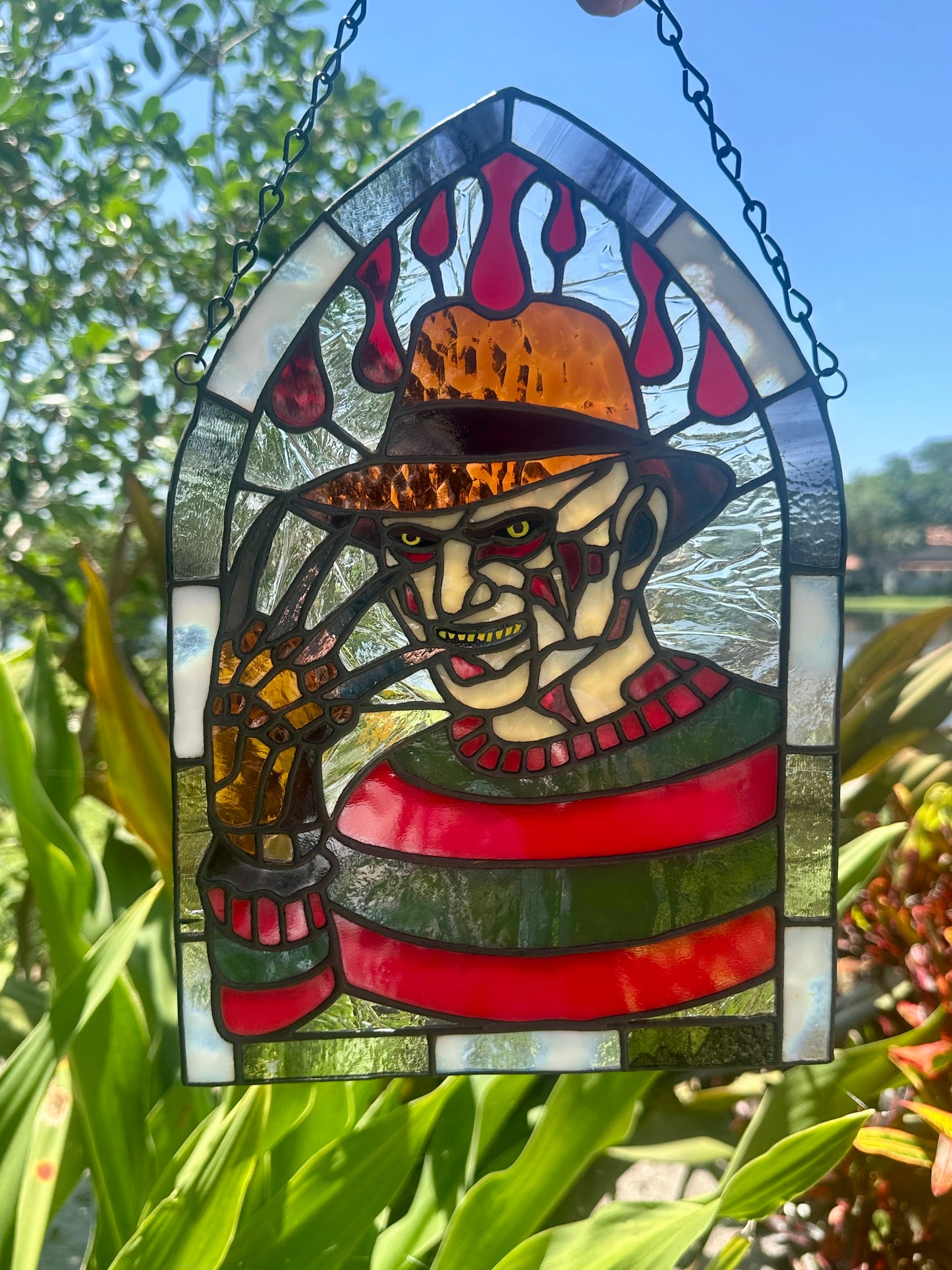 Freddy Horror Stained Glass Panel – Handcrafted Gothic Window Art