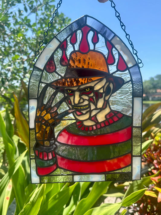 Freddy Horror Stained Glass Panel – Handcrafted Gothic Window Art