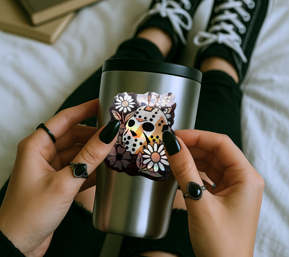 Horror Hockey Mask Flower Sticker — Creepy Cute Waterproof Vinyl for Laptops, Water Bottles & Horror Fans