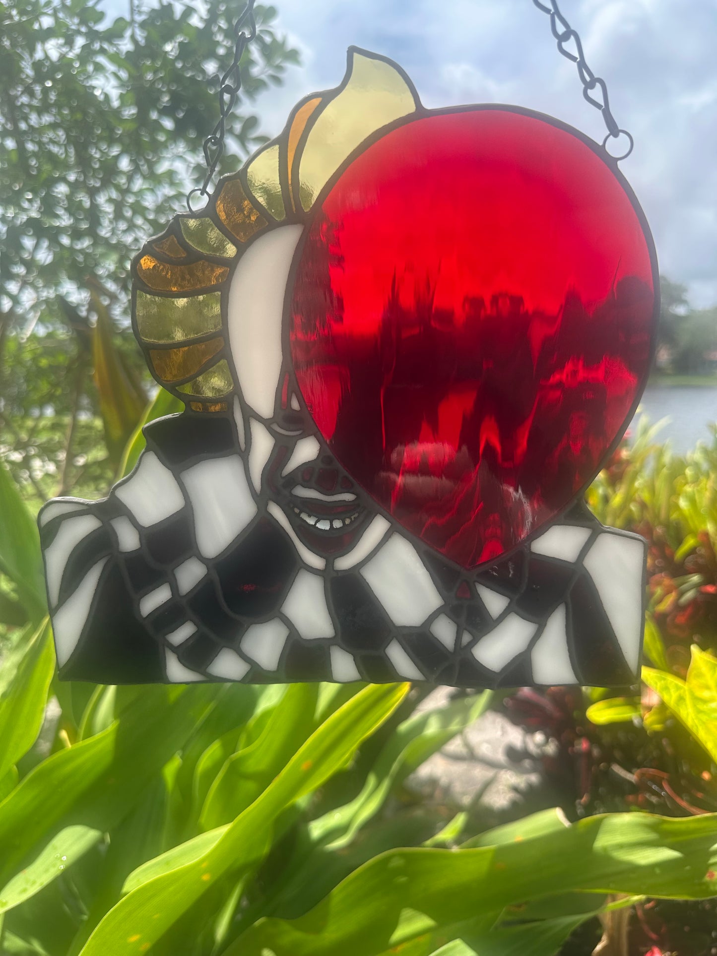 Creepy Clown Stained Glass Suncatcher with Red Balloon | Horror Window Hanging Decor