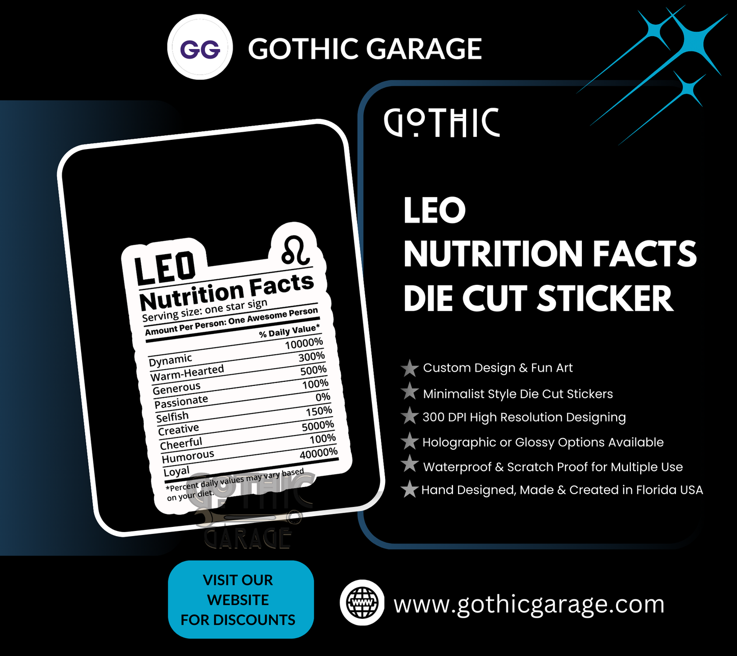 Leo Zodiac Nutrition Facts Waterproof Die Cut Sticker, Choose Between Glossy or Holographic, Perfect to Add Fun to any Surface