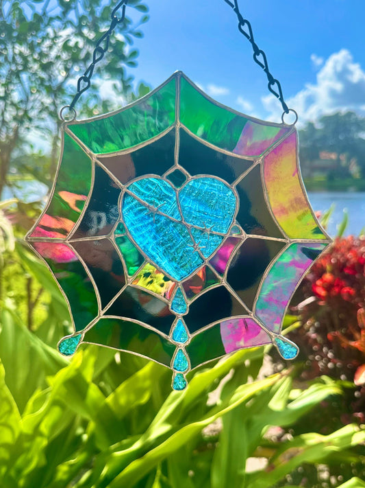 Gothic Stained Glass Spider Web Heart - Dark Decor Sun Catcher