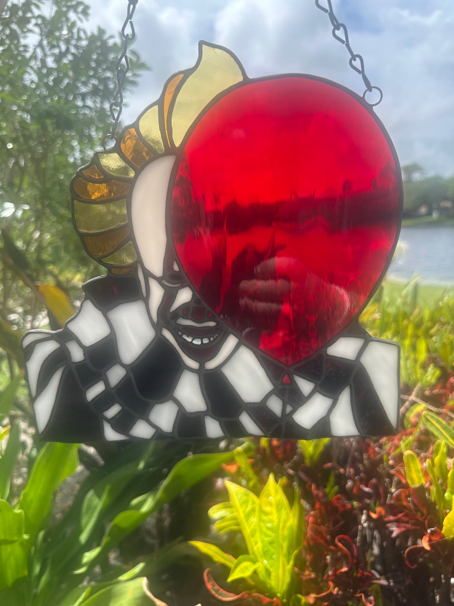 Creepy Clown Stained Glass Suncatcher with Red Balloon | Horror Window Hanging Decor