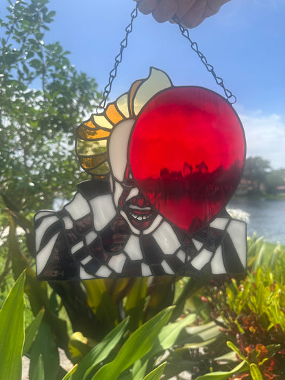 Creepy Clown Stained Glass Suncatcher with Red Balloon | Horror Window Hanging Decor