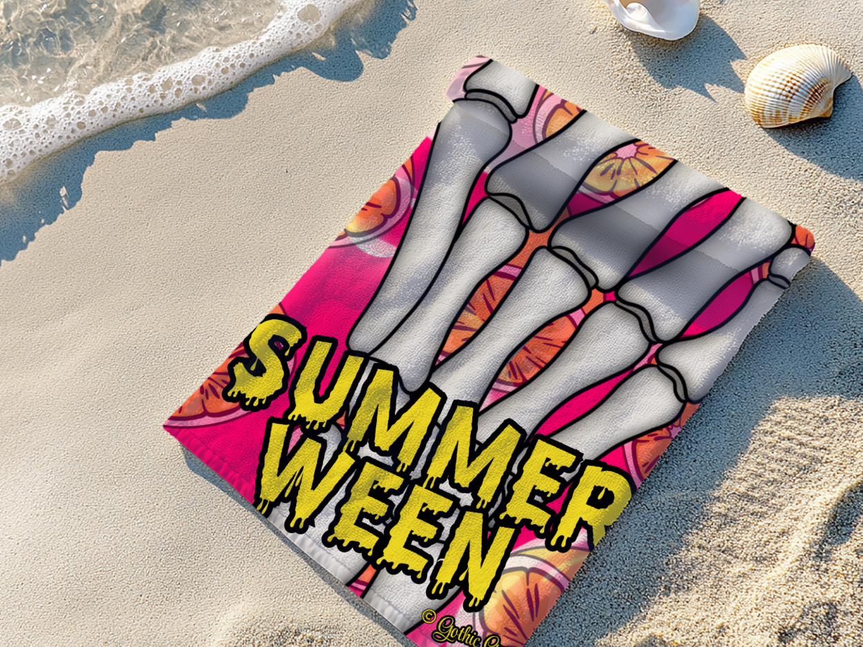 Neon Lemon Skeleton Hand Beach Towel — Summerween Pool Party
