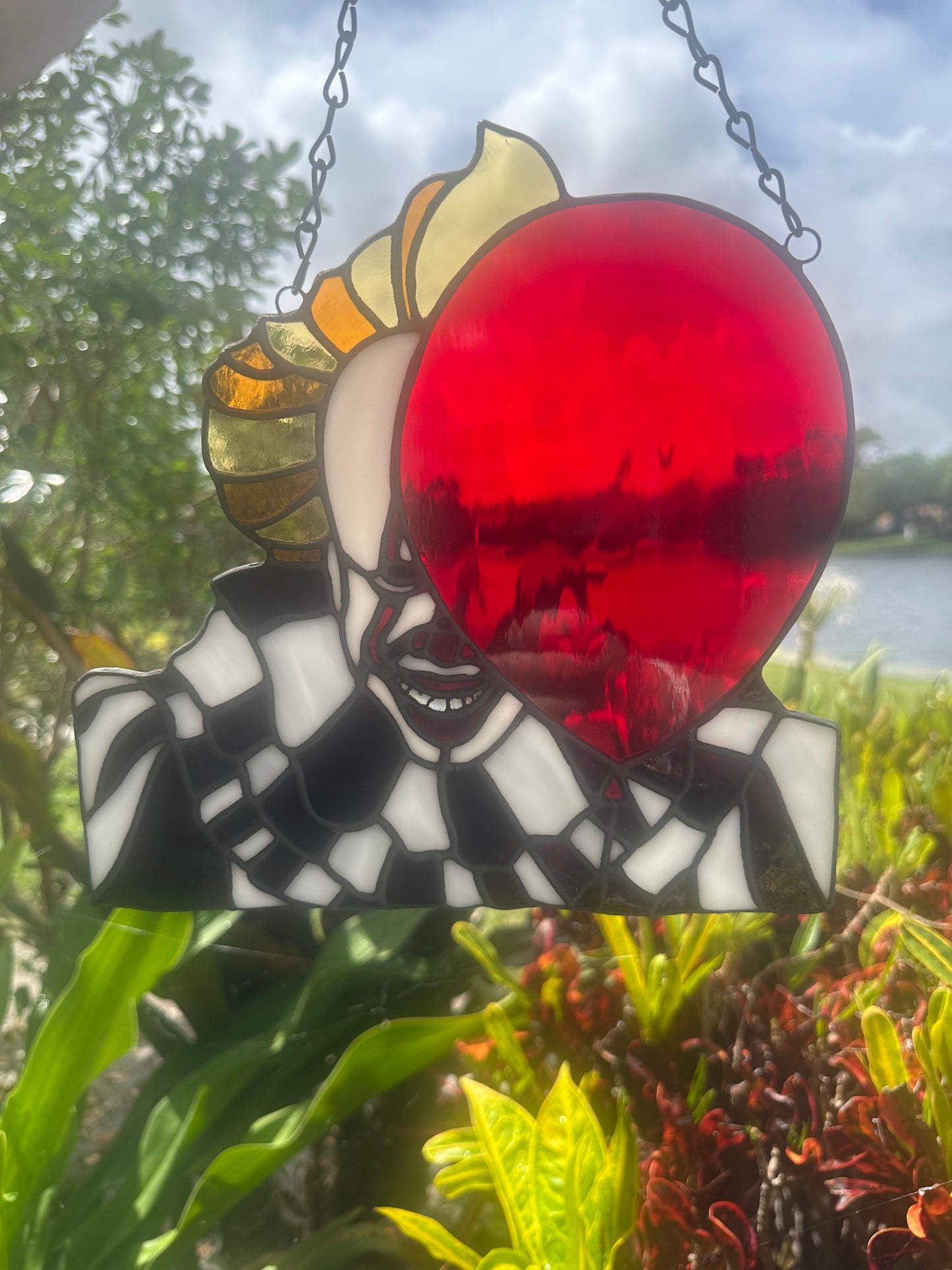 Creepy Clown Stained Glass Suncatcher with Red Balloon | Horror Window Hanging Decor