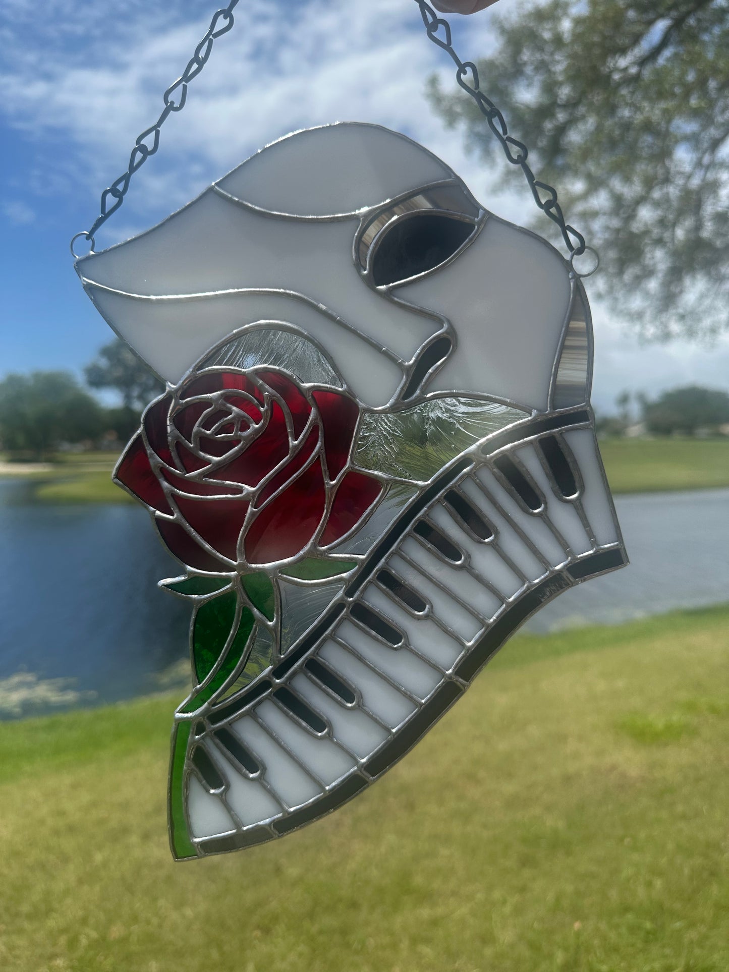 Phantom Mask Stained Glass Suncatcher with Rose & Piano | Gothic Music Window Hanging