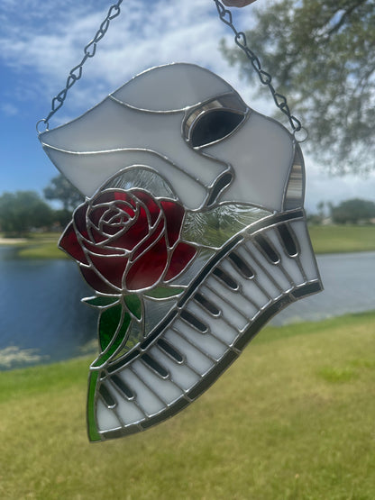 Phantom Mask Stained Glass Suncatcher with Rose & Piano | Gothic Music Window Hanging