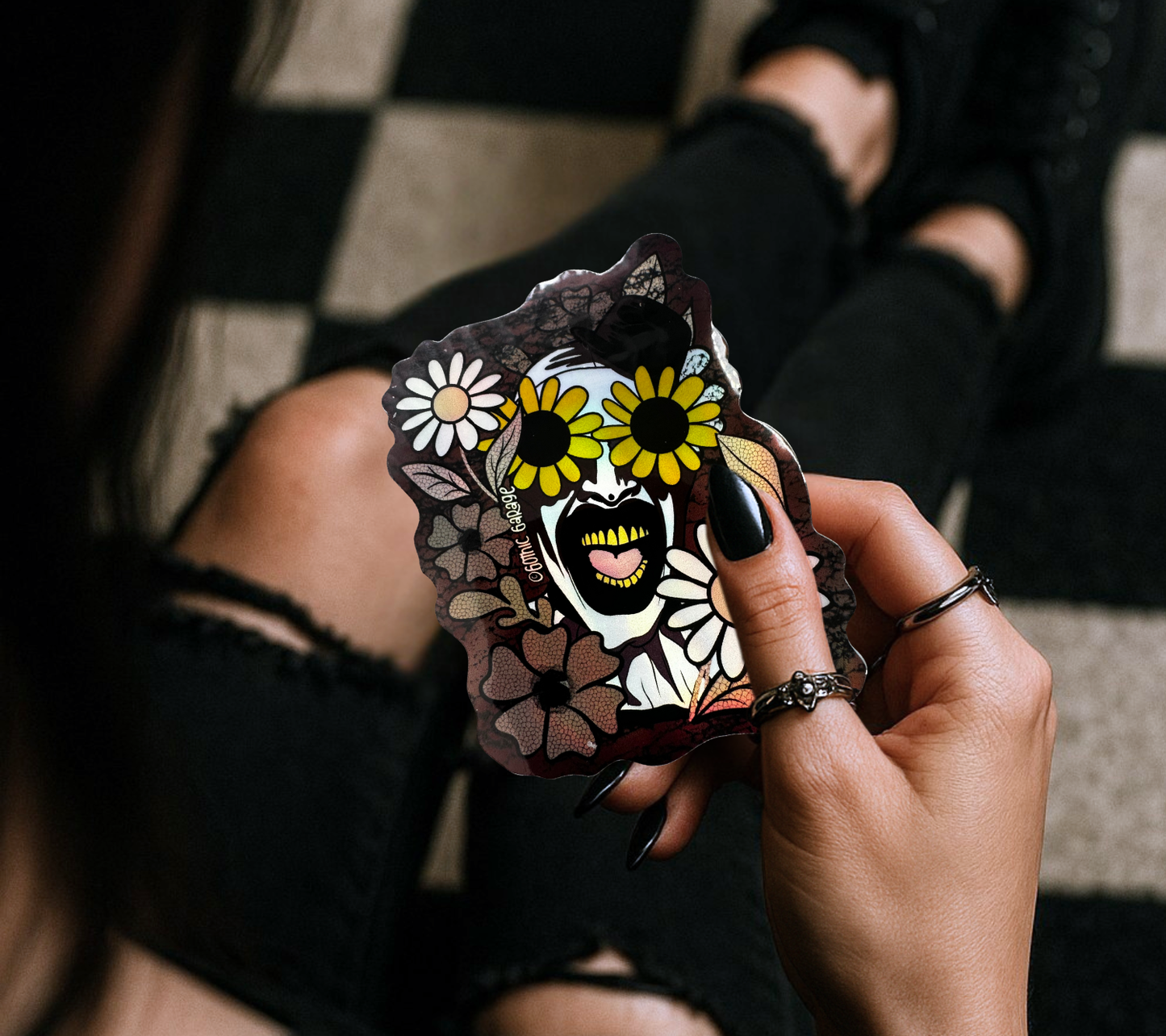 Horror Daisy Clown Sticker — Creepy Cute Waterproof Vinyl Sticker for Laptops & Horror Gifts