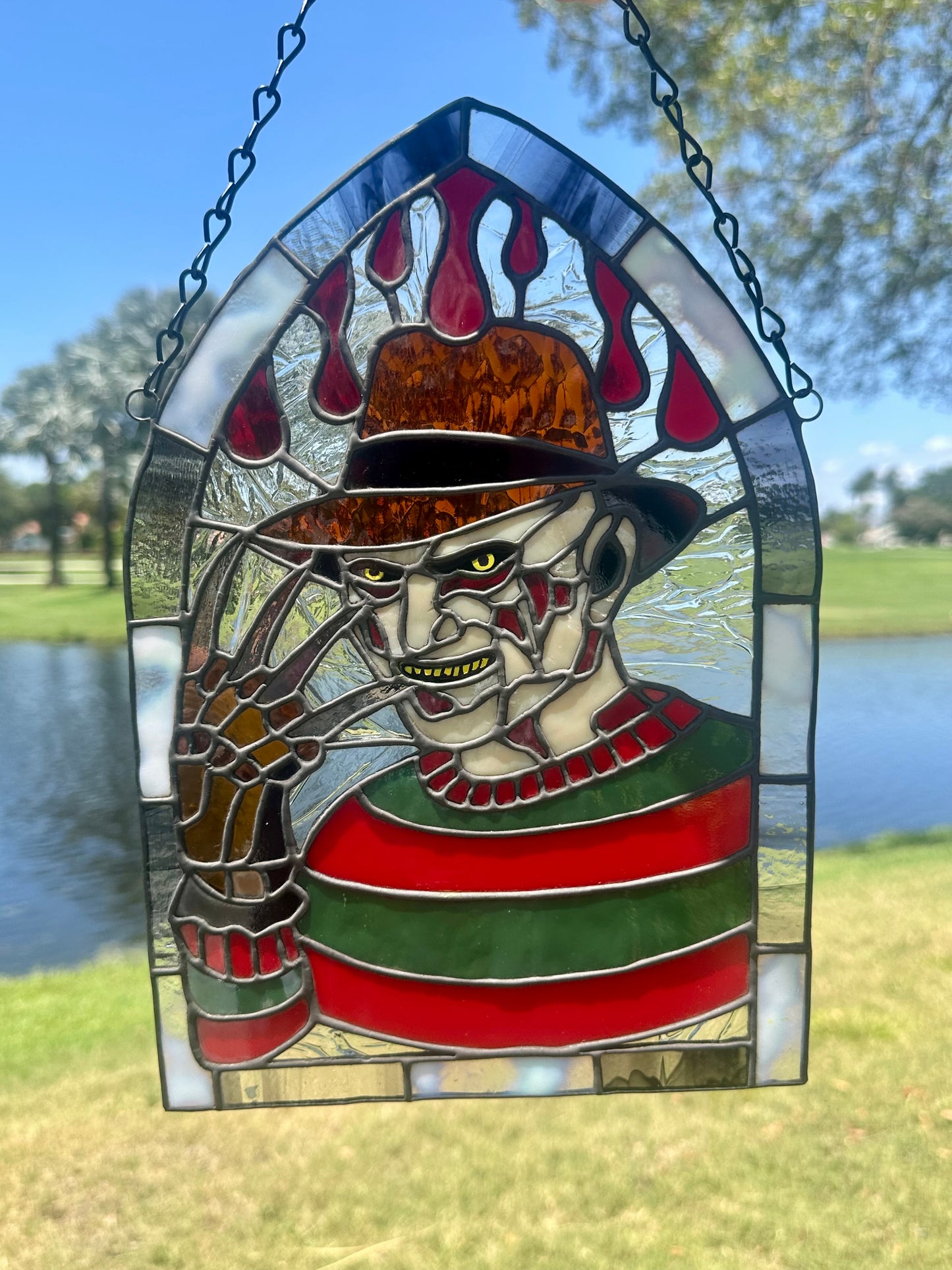 Freddy Horror Stained Glass Panel – Handcrafted Gothic Window Art