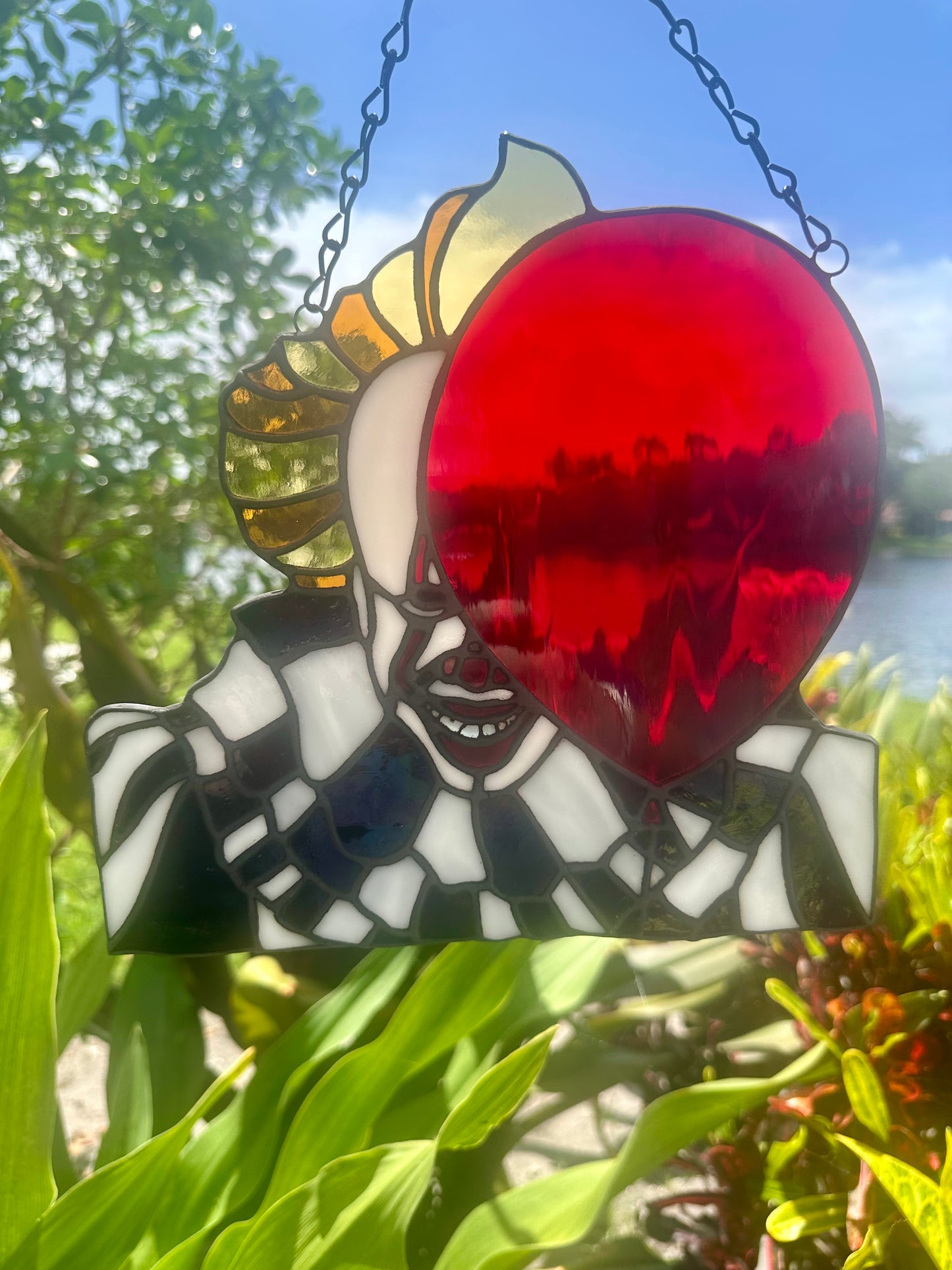 Creepy Clown Stained Glass Suncatcher with Red Balloon | Horror Window Hanging Decor