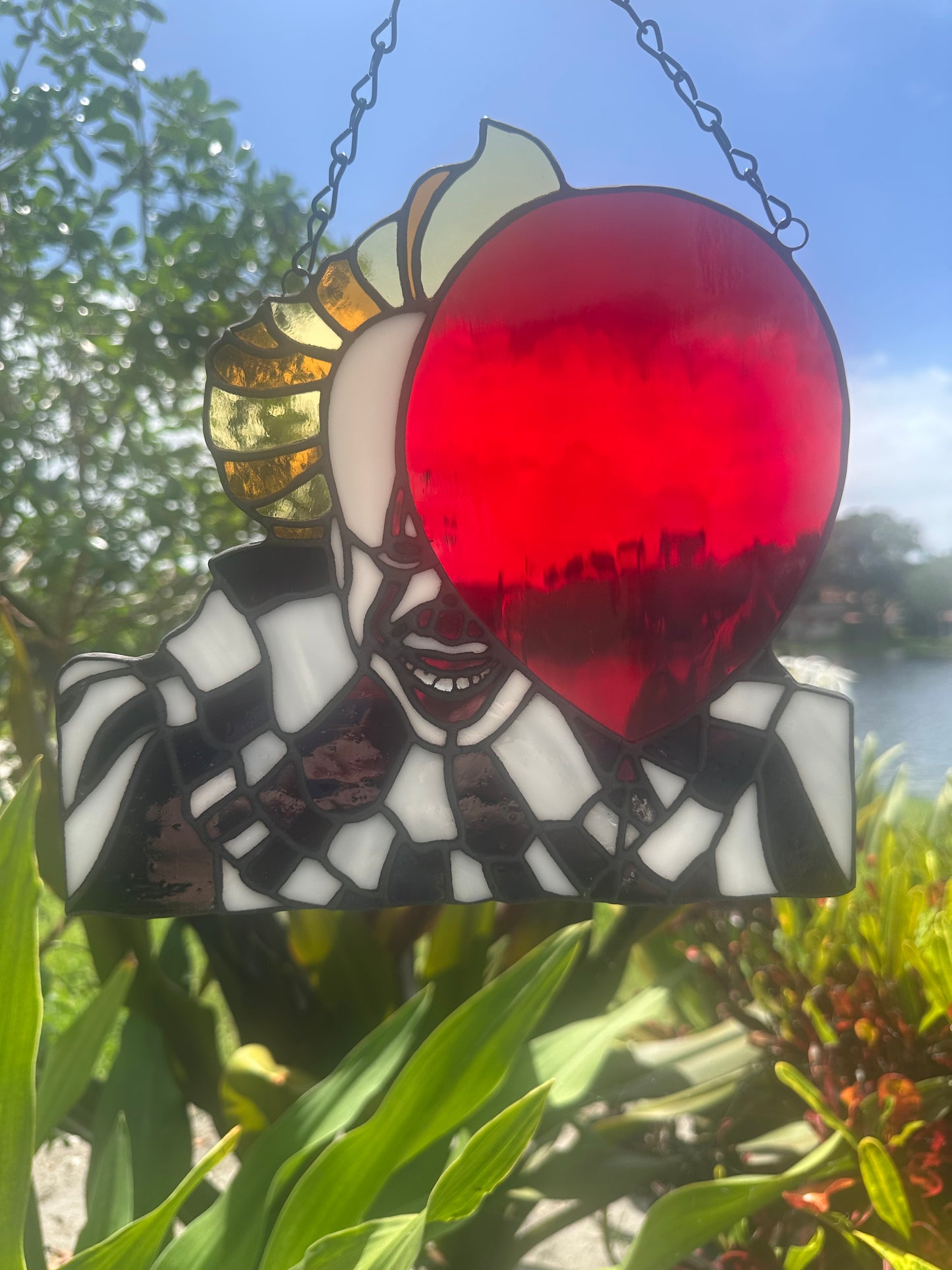 Creepy Clown Stained Glass Suncatcher with Red Balloon | Horror Window Hanging Decor
