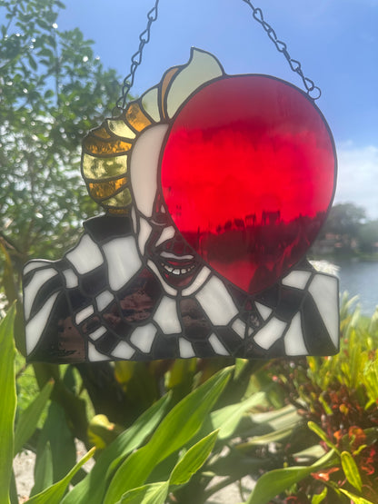 Creepy Clown Stained Glass Suncatcher with Red Balloon | Horror Window Hanging Decor