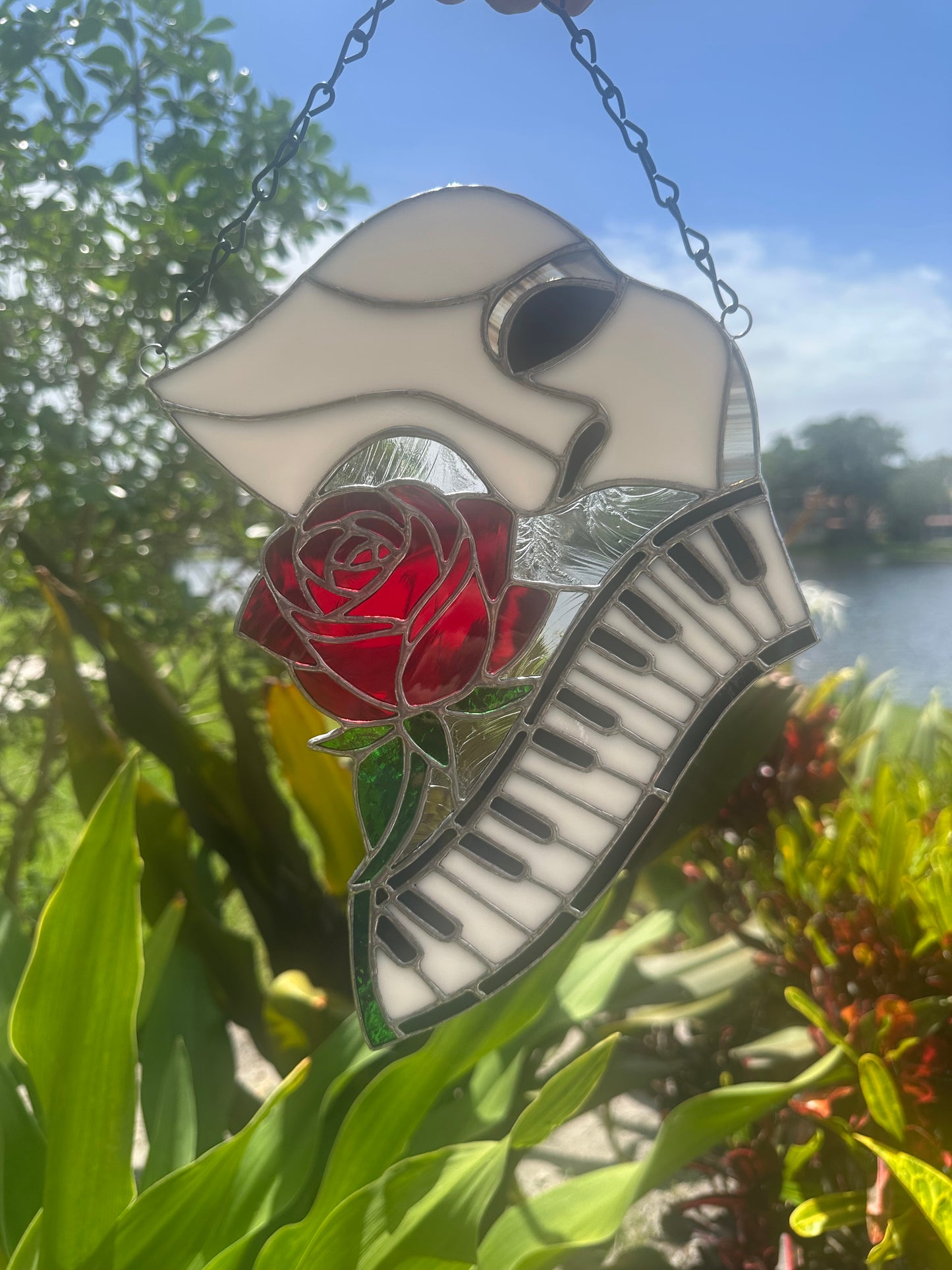 Phantom Mask Stained Glass Suncatcher with Rose & Piano | Gothic Music Window Hanging