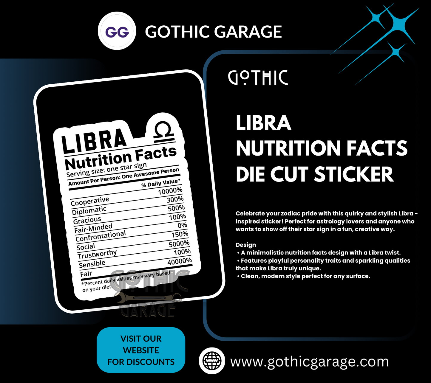 Libra Zodiac Nutrition Facts Waterproof Die Cut Sticker, Choose Between Glossy or Holographic, Perfect to Add Fun to any Surface