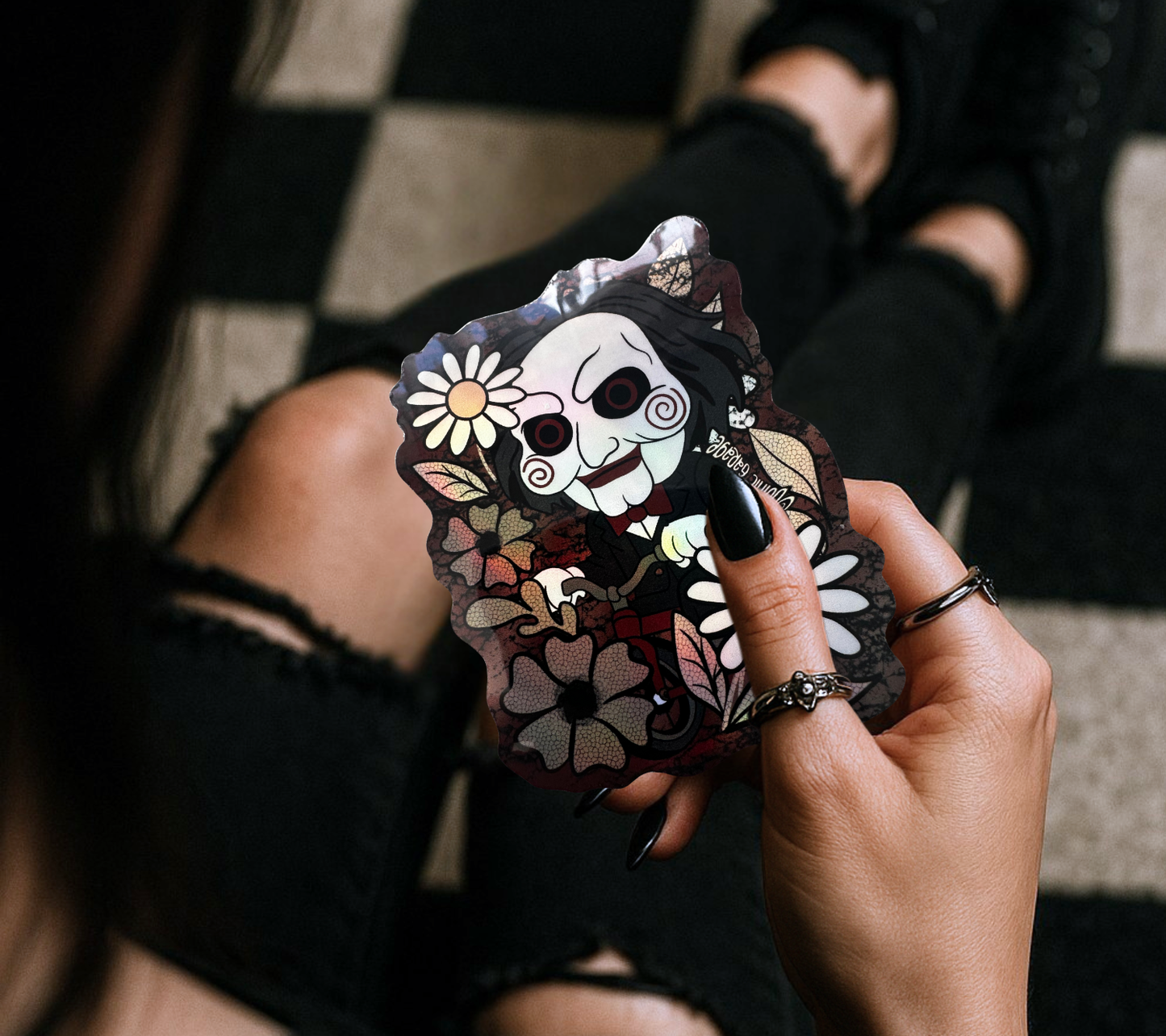 Creepy Floral Puppet Sticker — Waterproof Vinyl Decal for Horror Fans & Laptops