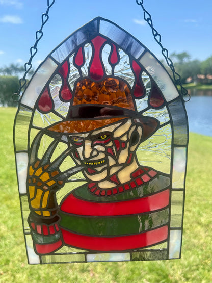 Freddy Horror Stained Glass Panel – Handcrafted Gothic Window Art