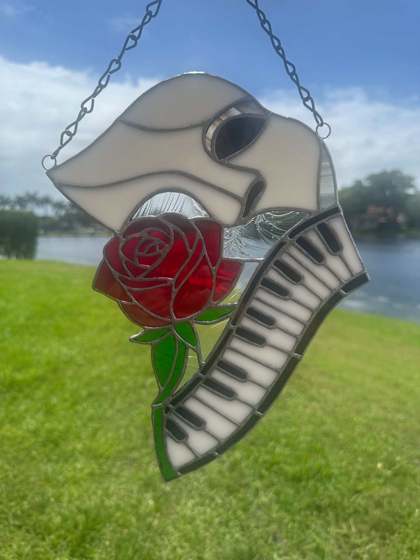 Phantom Mask Stained Glass Suncatcher with Rose & Piano | Gothic Music Window Hanging