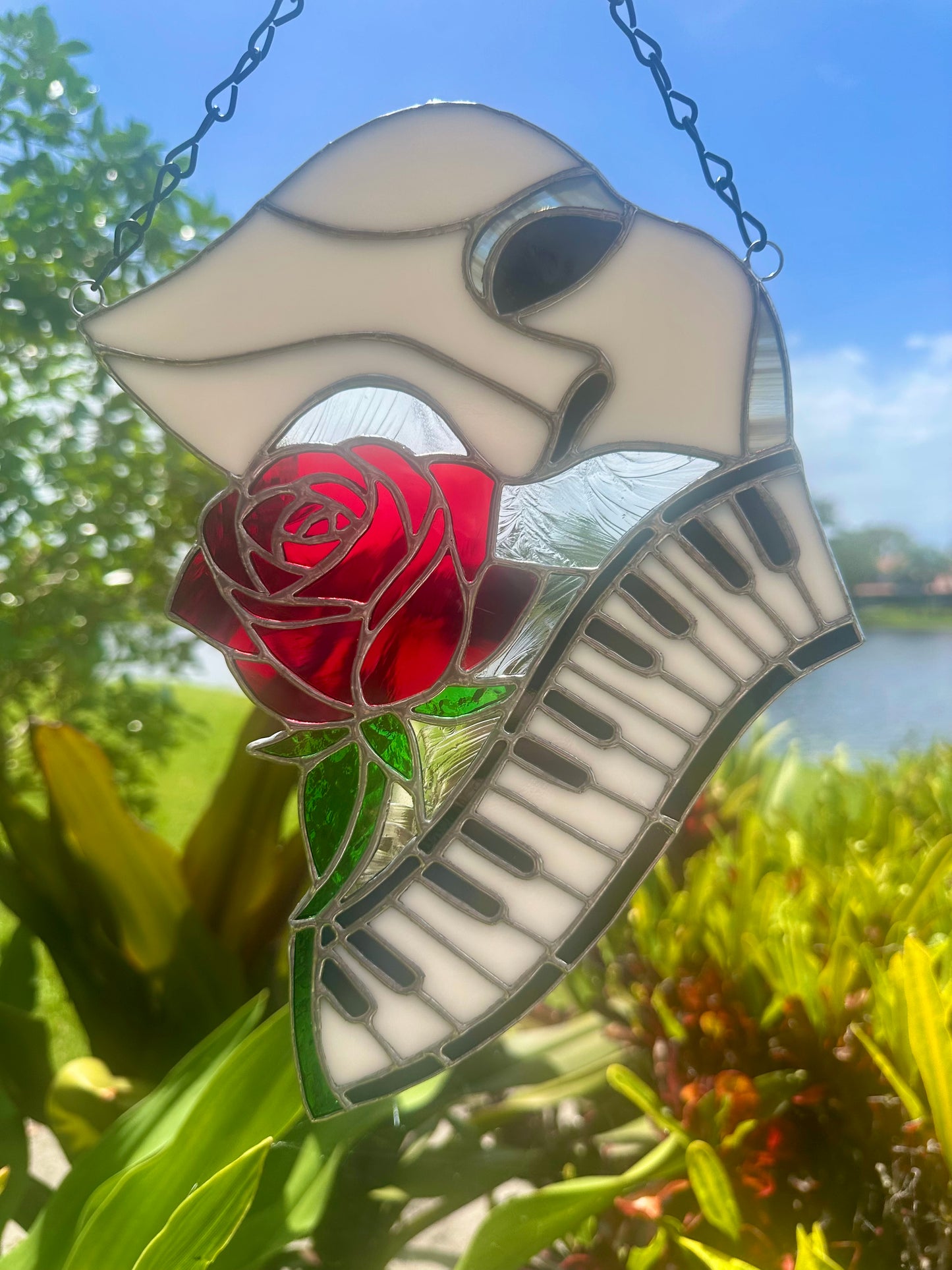 Phantom Mask Stained Glass Suncatcher with Rose & Piano | Gothic Music Window Hanging