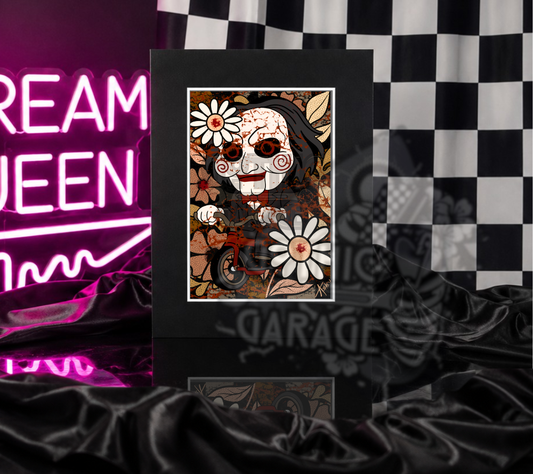 Creepy Puppet Tricycle Art Print – Floral Horror Wall Decor
