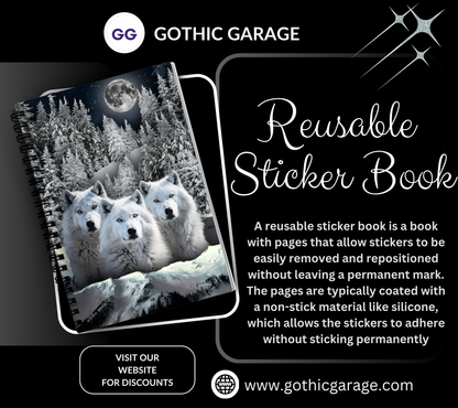 White Snow Wolves Reusable Sticker Book, Kid & Adult Friendly Sticker Album, Rearrange Stickers Without Placement Commitments