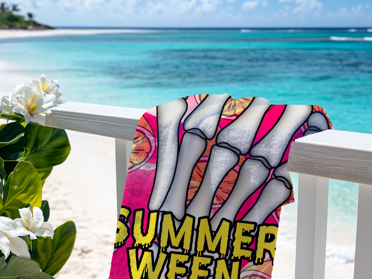 Neon Lemon Skeleton Hand Beach Towel — Summerween Pool Party