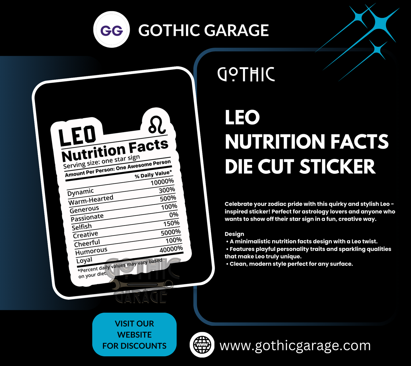 Leo Zodiac Nutrition Facts Waterproof Die Cut Sticker, Choose Between Glossy or Holographic, Perfect to Add Fun to any Surface