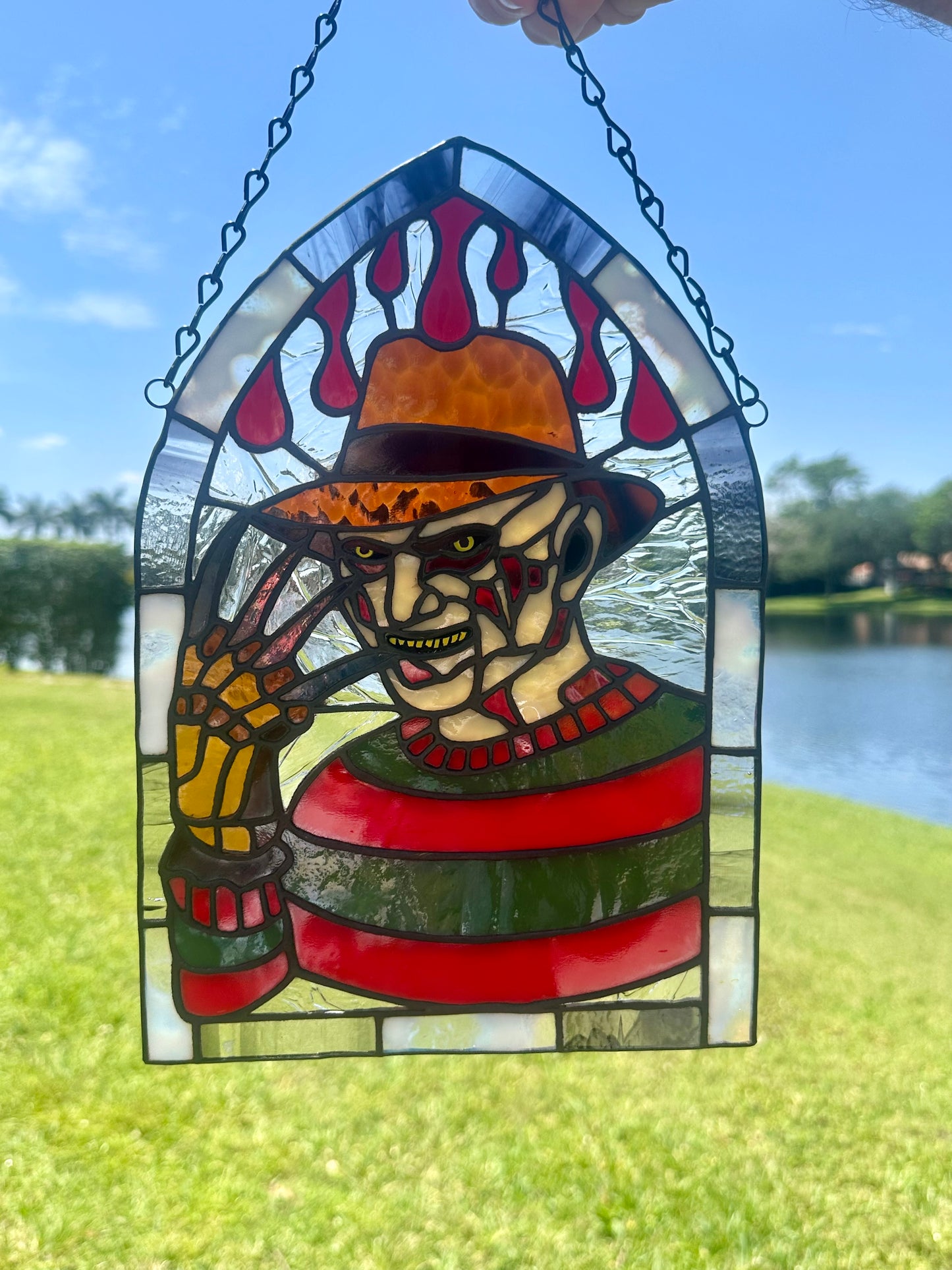 Freddy Horror Stained Glass Panel – Handcrafted Gothic Window Art