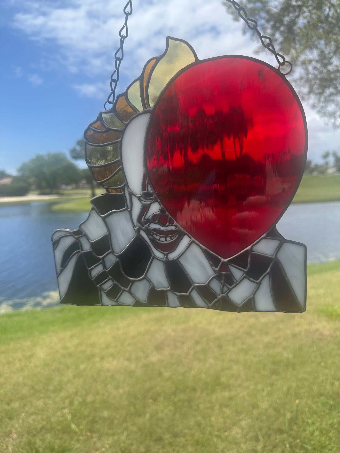 Creepy Clown Stained Glass Suncatcher with Red Balloon | Horror Window Hanging Decor