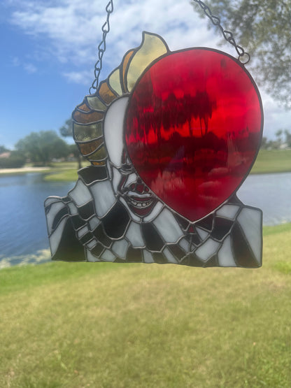 Creepy Clown Stained Glass Suncatcher with Red Balloon | Horror Window Hanging Decor