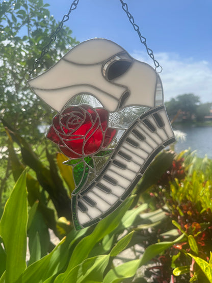Phantom Mask Stained Glass Suncatcher with Rose & Piano | Gothic Music Window Hanging
