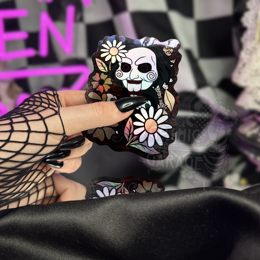 Creepy Floral Puppet Sticker — Waterproof Vinyl Decal for Horror Fans & Laptops