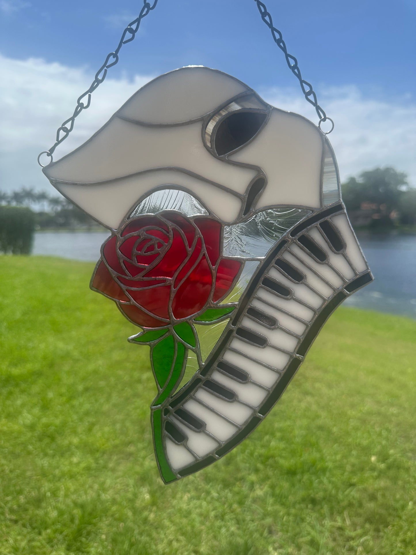 Phantom Mask Stained Glass Suncatcher with Rose & Piano | Gothic Music Window Hanging