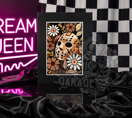 Floral Slasher Mask Art Print – Retro Horror Wall Decor with Daisies