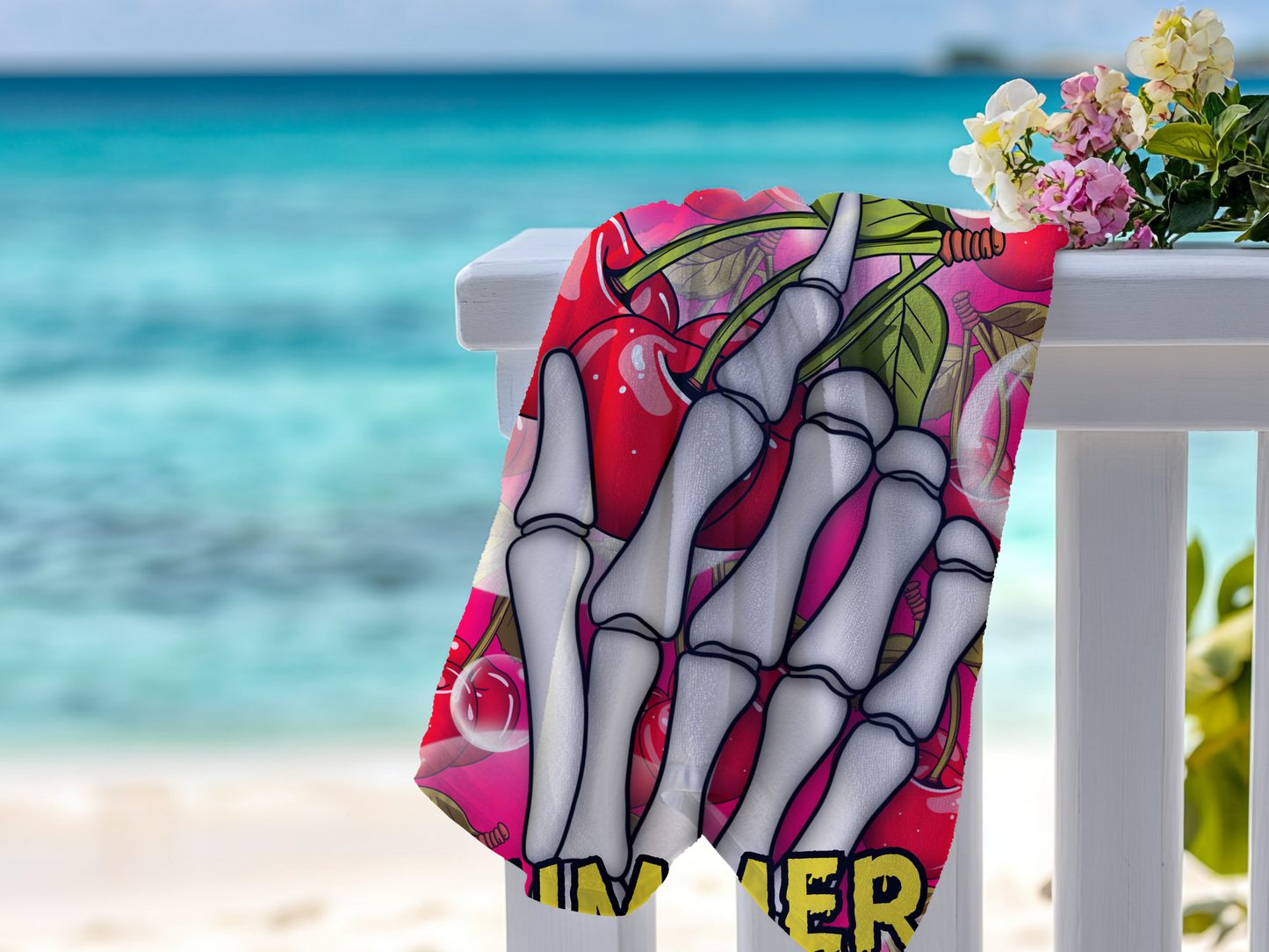 Cherry Skeleton Beach Towel 30x60 | Summerween Goth Pool Towel
